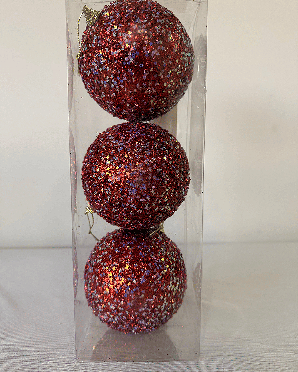 BOLA DECORADA NATAL C/3 UND VERMELHO 10CM