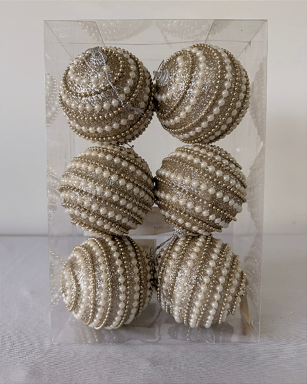 BOLA PEROLA CHAMPANHE/BRANC 8CM JOGO C/6 UND