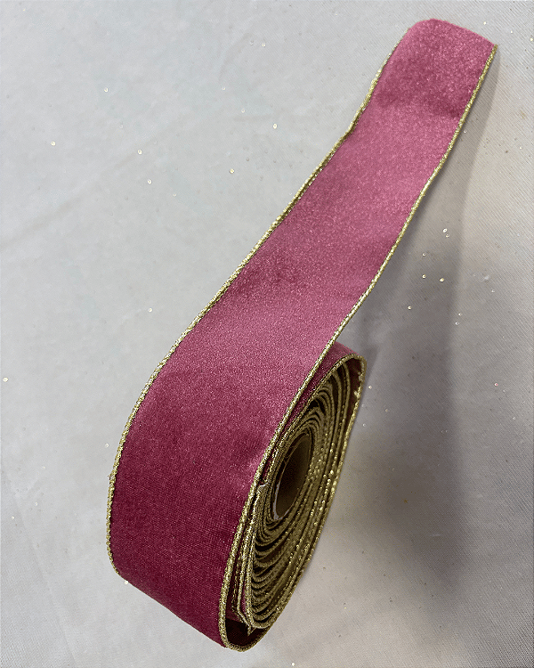 FITA NATAL ARAMADA VELUDO DUPLA FACE ROSA DOURADO