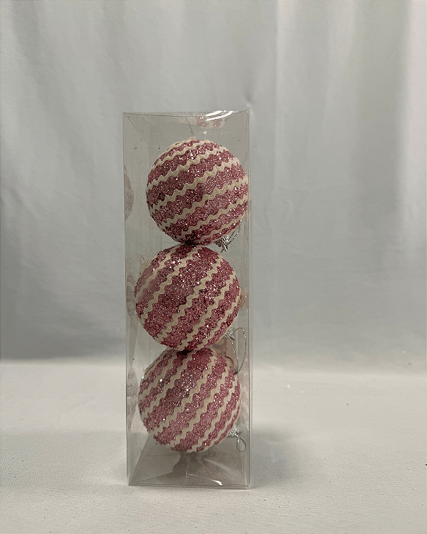 BOLA DECORADA NATAL C/3 UND ROSA CLARO 8CM