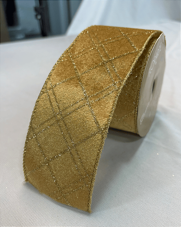Fita aramada em veludo dourada - 6,3cm x 9,14m