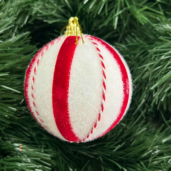 BOLA NATAL COM PAETE VERMELHO COM BRANCO 8CM