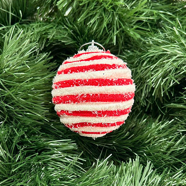 BOLA NATAL LISTRAS VERMELHO/BRANCO 8CM