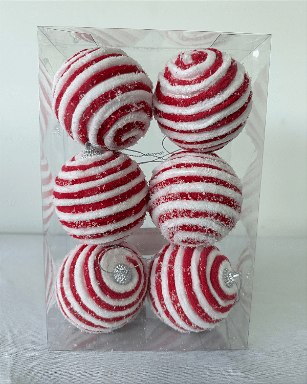 BOLA C/LISTRAS VERMELHO/BRANCO 8CM  JOGO C/6 PC