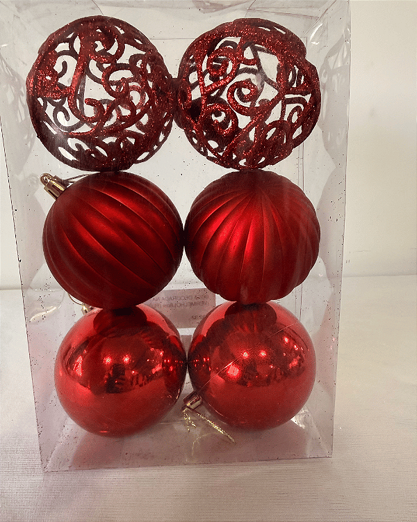 BOLA DECORADA NATAL C/6 UND VERMELHO 8CM