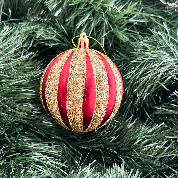 BOLA DECORADA NATAL VERMELHO DOURADO 8cm
