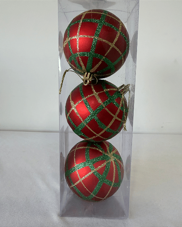 BOLA DECORADA NATAL VERMELHO/VERDE C/3 UND 8CM