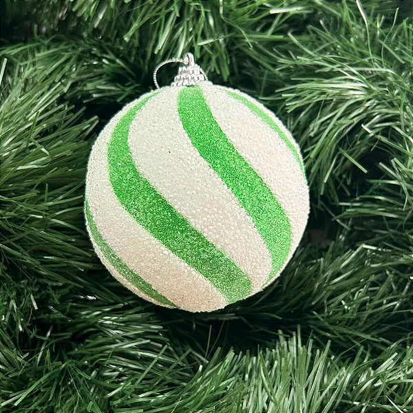 BOLA NATAL LISTRADA VERDE COM BRANCO 10cm
