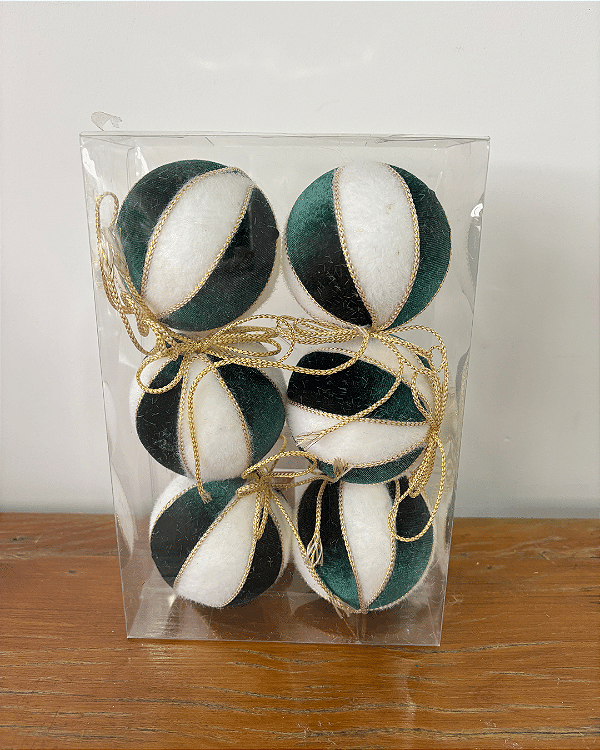 BOLA VELUDO BRANCO/VERDE 8CM JOGO C/6 UND