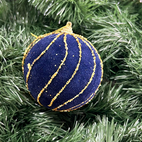 BOLA NATAL VELUDO C/GLITTER AZUL/OURO 10CM
