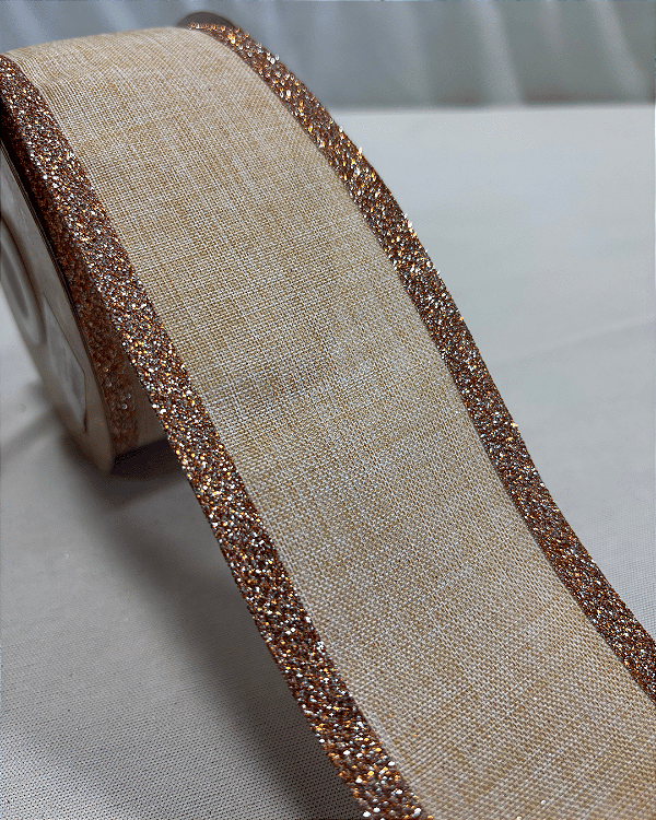 FITA ARAMADA LINHO BORDA GLITTER (BEGE ROSE) 6,3cm x 9,14m
