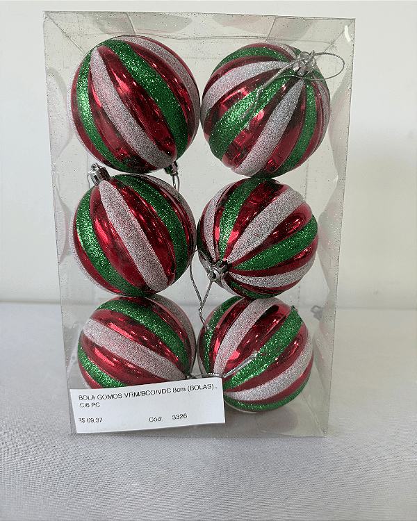 BOLA NATAL VERMELHO/VERDE/BRANCO 8CM JG C/6 PC