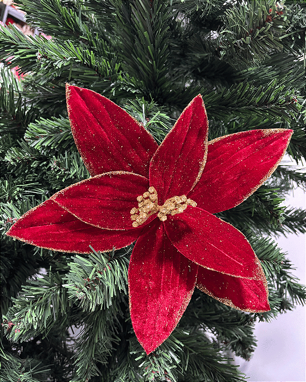 FLOR DEC POINSETIA C/GLITTER VERMELHO 30cm