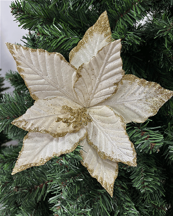 DEC FLOR POINSETIA BRANCO/DOURADO 20cm