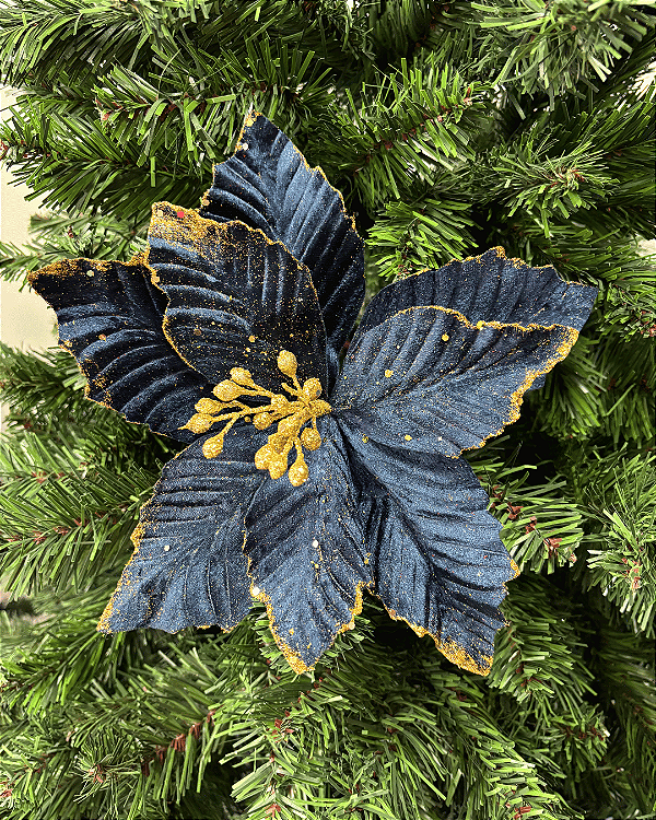 DEC FLOR POINSETIA C/GLITTER AZUL MARINHO