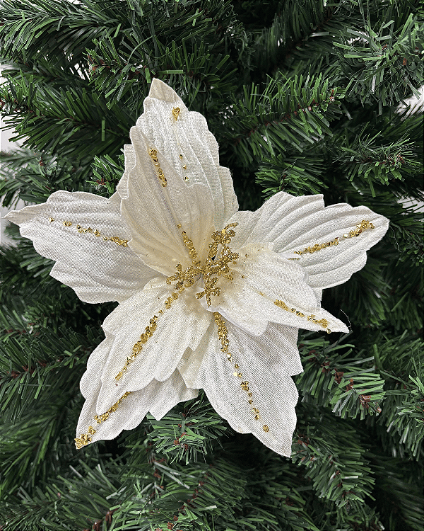 FLOR DEC POINSETIA C/GLITTER BRANCO/DOURADO 26cm