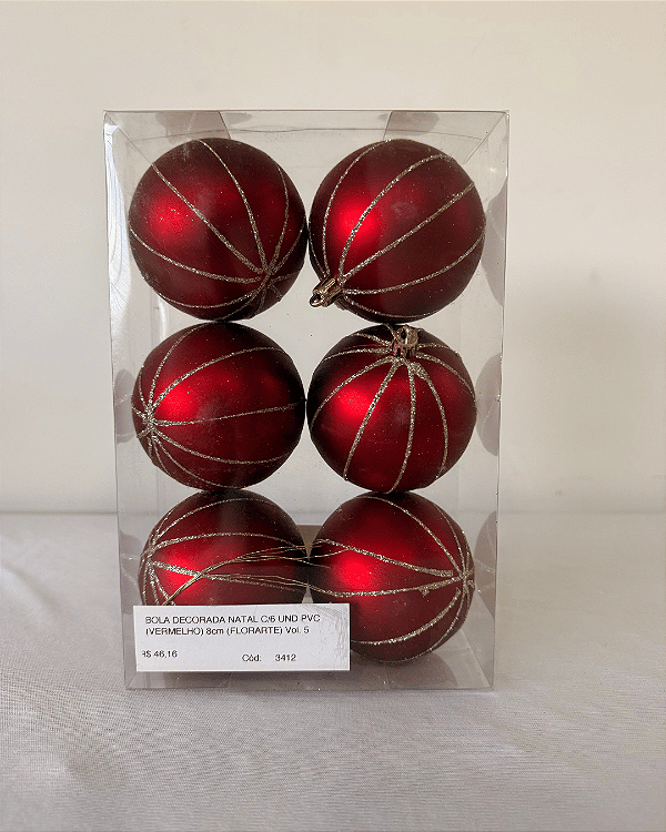BOLA DECORADA NATAL C/6 UND VERMELHO 8CM