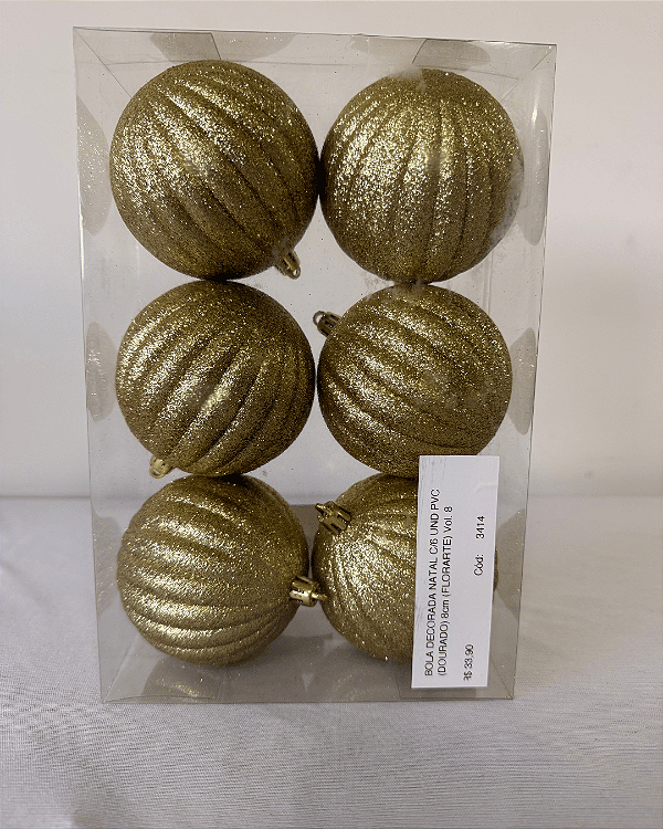 BOLA DECORADA NATAL DOURADO C/6 8CM