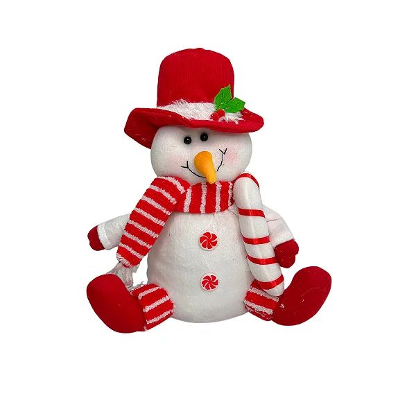 BONECO DE NEVE NATAL SENTADO C/BENGALA (VERMELHO BRANCO)28cm
