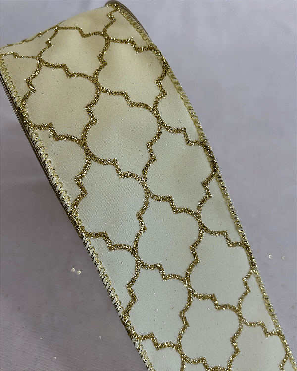 FITA ARAMADA CETIM  OFF WHITE/DOURADA 6,3cm x 9,14m