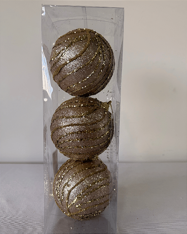 BOLA DECORADA NATAL C/3 UND 10 CM CHAMPANHE