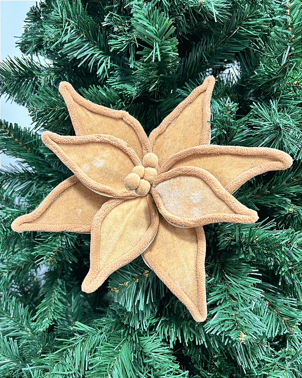 FLOR DECORATIVA AVELUDADO CHAMPANHE BORDA DOURADO 35CM
