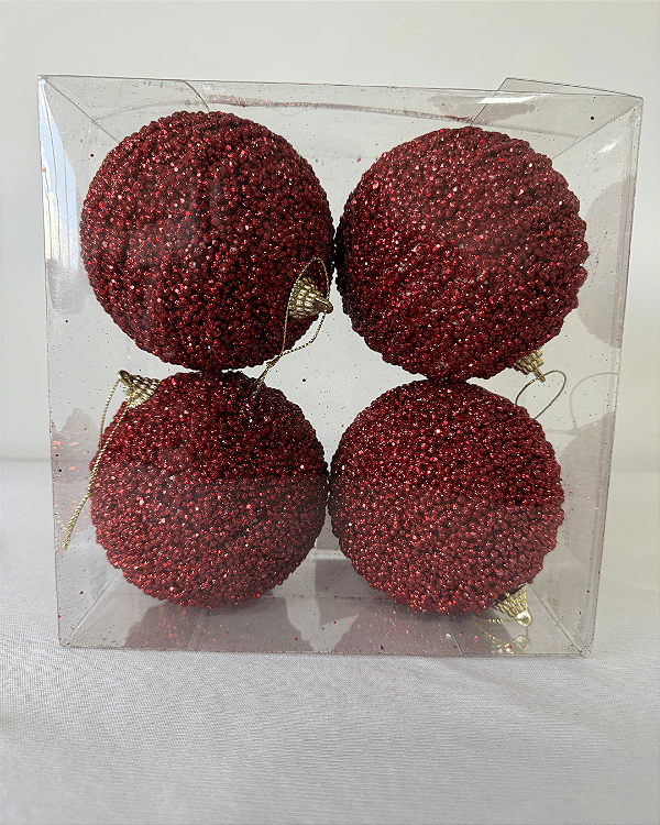 BOLA C/GLITTER VERMELHO 10CM JOGO C/4 UND