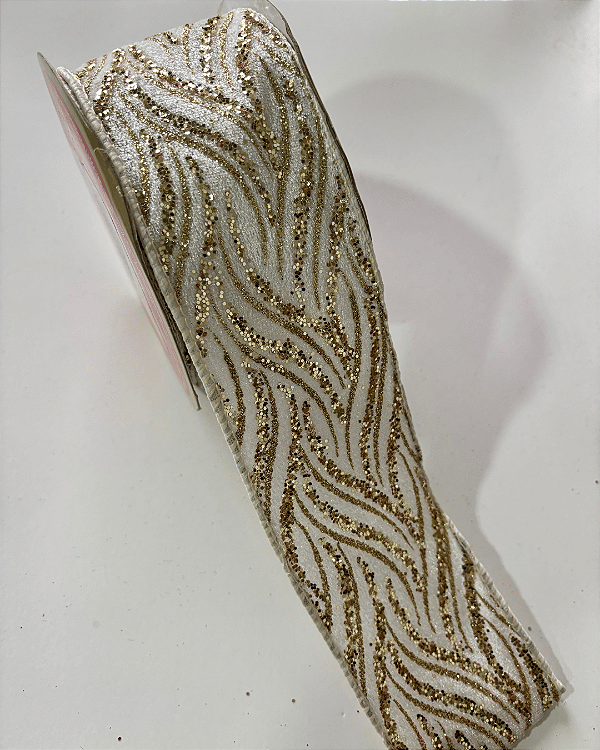 FITA ARAMADA COM GLITTER OURO/BRANCO 6,3CM X 9,14M