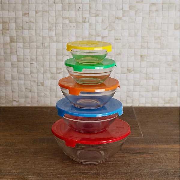 CONJUNTO 5 POTES DE VIDRO COM TAMPA DE PLASTICO