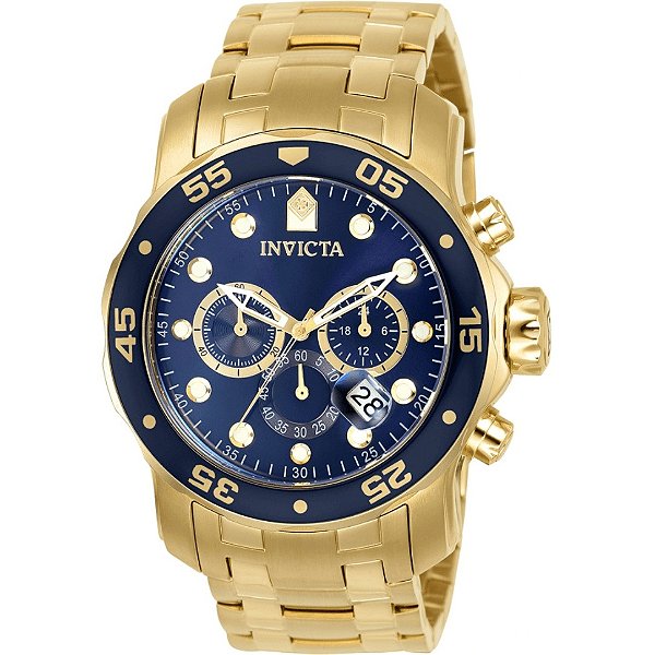 Relógio Invicta Masculino Série Pro Diver 0073 Dourado Com Mostrador Azul - Original
