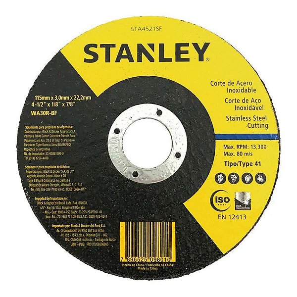 Disco de Corte de Aço Inox 115mm x 3mm x 22,23mm Stanley STA4521SF
