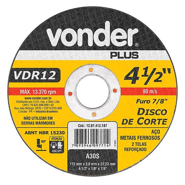 Disco de Corte Ferro 115mm x 3,2mm x 22,23mm Vonder Plus VDR12
