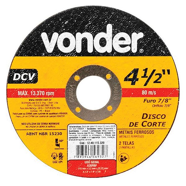 Disco de Corte Ferro 115mm x 3,2mm x 22,23mm Vonder DCV