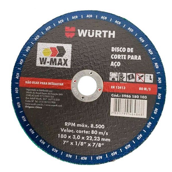 Disco de Corte para Aço 7'' 180mm x 3mm x 22,23mm Wurth W-Max