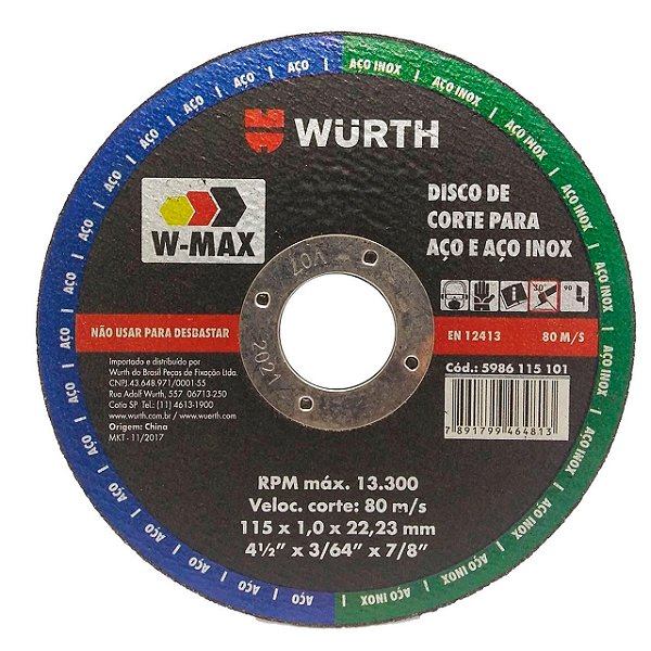 Disco de Corte para Aço e Aço Inox 4.1/2'' 115 x 1,0 x 22,23 mm Wurth W-Max 10un