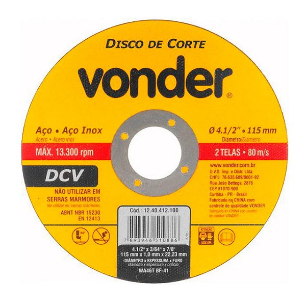 Disco de Corte  para Aço 115 x 1,0 x 22,23 Vonder DCV