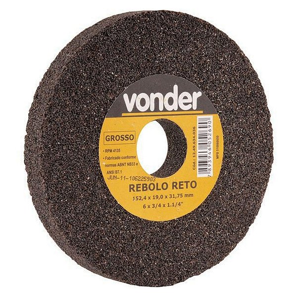 Rebolo Reto Moto Esmeril 6'' x 3/4" Grão Grosso 24 Vonder