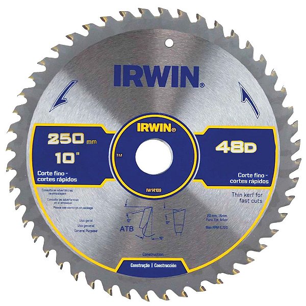 Disco Lâmina de Serra Circular para Madeira 10 Polegadas 250mm x 30mm x 48 Dentes Irwin IW14306