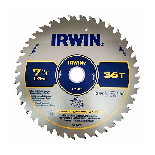 Disco Lâmina de Serra Circular para Madeira 7.1/4" 184mm x 20mm x 36 Dentes Irwin IW14108