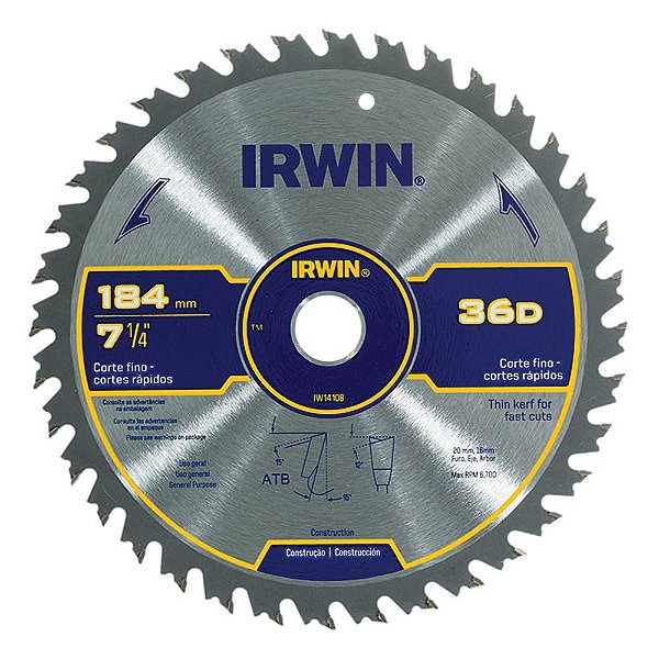 Disco Lâmina de Serra Circular para Madeira 7.1/4" 184mm x 20mm x 36 Dentes Irwin IW14108