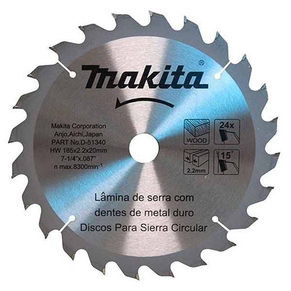Disco Lâmina de Serra Circular Vídea para Madeira 7.1/4 Polegadas 185mm x 20mm x 24 Dentes Makita D-51340