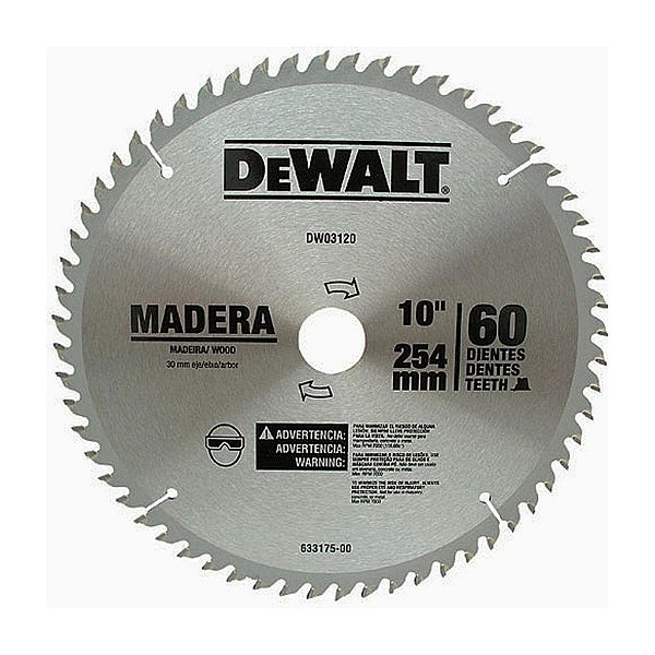 Disco Lâmina de Serra para Madeira 10 Polegadas 254mm x 30mm x 60 Dentes DeWalt DWA03120