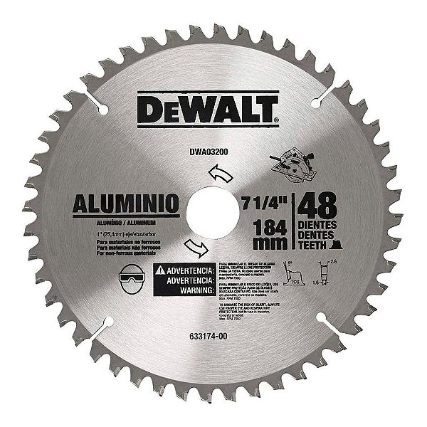 Disco Lâmina de Serra Circular para Alumínio 7.1/4 Polegadas 184mm x 48 Dentes Dewalt DWA03200