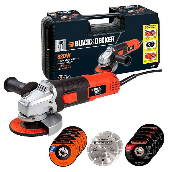 Kit Esmerilhadeira Angular 4.1/2'' 820W com Maleta e 12 Discos Black+Decker G720K12