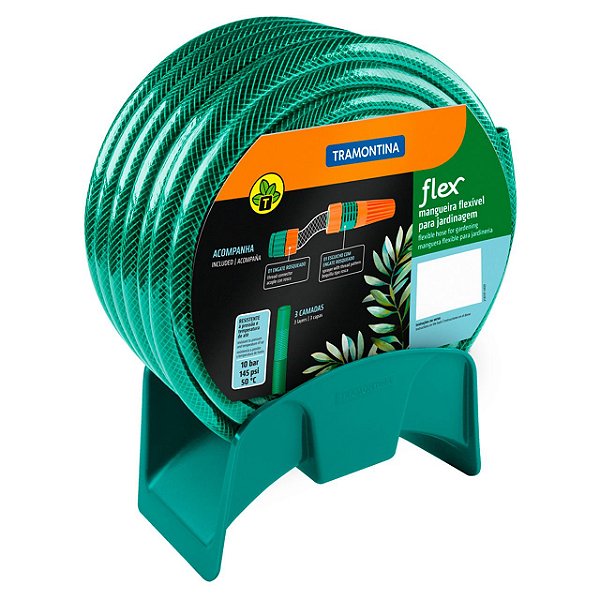 Mangueira Flex Pvc para Jardim 25m com Suporte e Engates para Jardim Verde PVC Tramontina