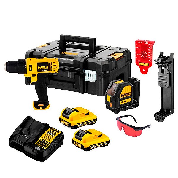 Combo Parafusadeira Furadeira Impacto + Nível Laser 2 Baterias Xr 12V 2.0Ah Maleta Tstak e Acessórios Dewalt DCK205D2T