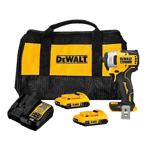 Atomic Parafusadeira/Furadeira de Impacto 1/4'' 2 Baterias 20V 2Ah Max Li-Ion Brushless e Bolsa Dewalt DCF809D2-BR