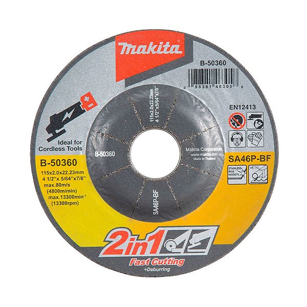 Disco Abrasivo 2 em 1 de Corte e Desbaste 115mm x 2.0mm x 22.23mm Makita B-50360