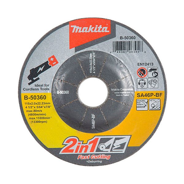 Disco Abrasivo 2 em 1 de Corte e Desbaste 115mm x 2mm x 22.23mm Makita B-50360