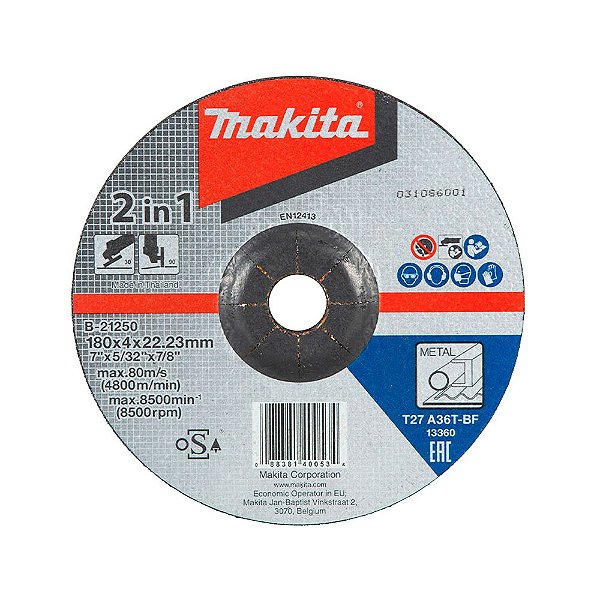 Disco Abrasivo 2 em 1 de Corte e Desbaste 180mm x 4mm x 22.23mm Makita B-21250